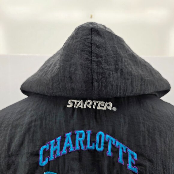 VTG 90s NBA CHARLOTTE HORNETS STARTER PUFFER JACKET PULLOVER SIZE L BLACK - Picture 4 of 15